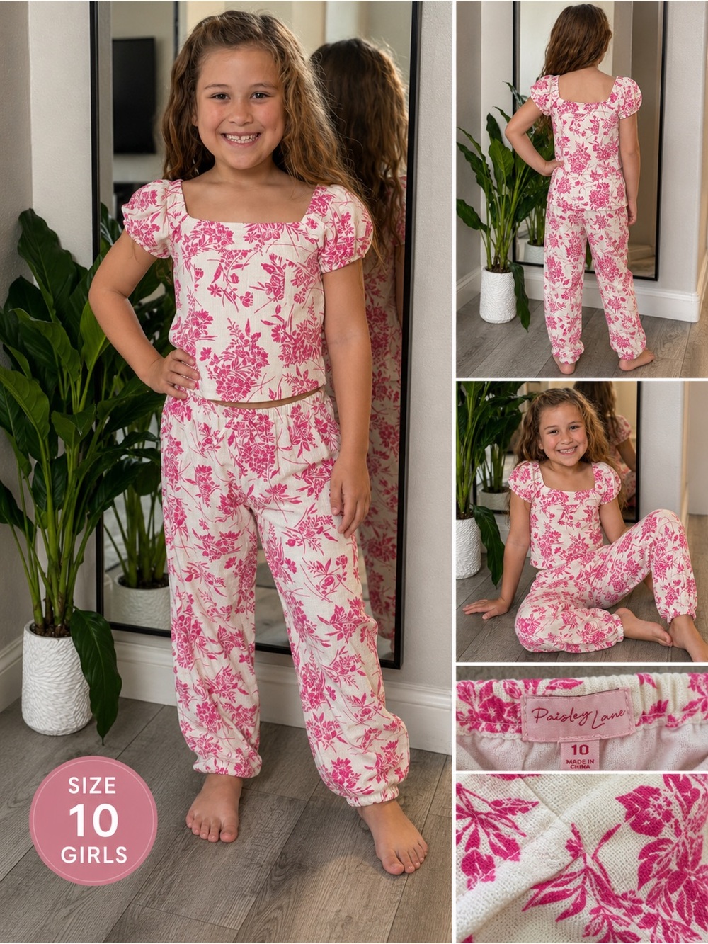 Girls Pink Floral Square-Neck Matching Set